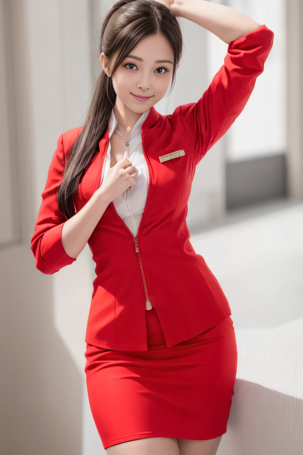 (masterpiece:1.2, highest quality:1.2), 32K HDR, High resolution, (alone、1 girl)、(On the roof of a high-rise building、Professional Lighting)、Skyscraper Background、Beautiful city view、(Realistic style with AirAsia flight attendant uniforms)、(AirAsia uniform unzipped red jacket、AirAsia uniform long sleeve red jacket、AirAsia uniform red mini tight skirt、AirAsia uniform white shirt unbuttoned)、Big Breasts、(AirAsia uniform shirt showing big breasts)、Dark brown hair、(Long Hair Up、Hair Bun)、Dark brown hair、Long Shot、((Fine hand:2.0)),((Harmonious body proportions:1.5)),((Normal limbs:2.0)),((Normal finger:2.0)),((Delicate eyes:2.0)),((Normal eyes:2.0)))、Luxury Necklace、Beautiful appearance、smile、Place your hands around your stomach