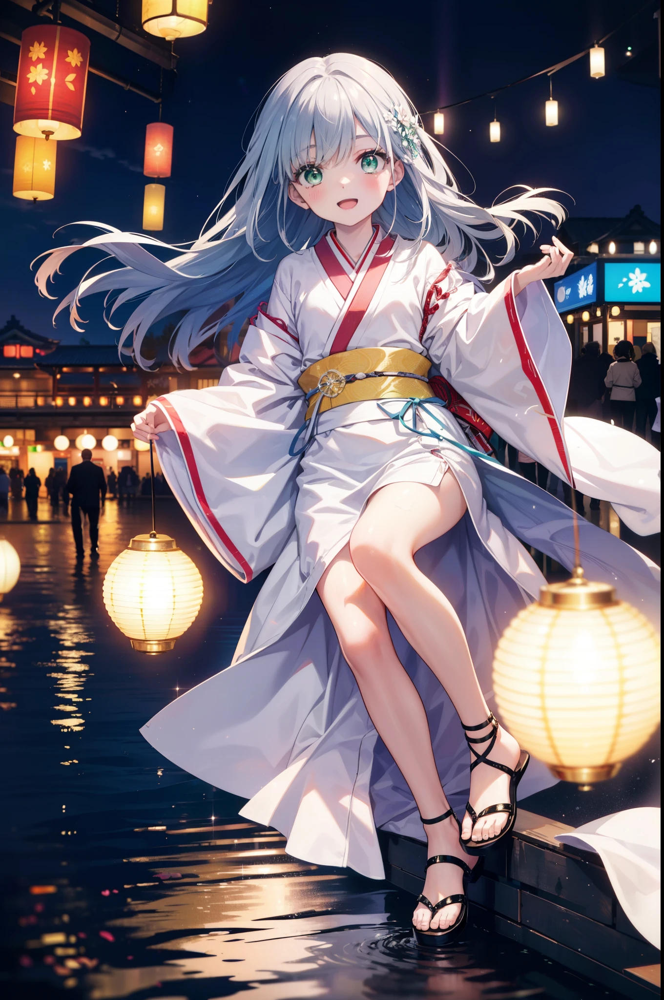 index, index, (Green Eyes:1.5), Blue Hair, Long Hair, (Flat Chest:1.2),smile,blush,Happy atmosphere,Open your mouth,Long Hair,Hair tied up,White bathrobe,Long sleeves,mini skirt,Sandals,White tabi,night空の花火,Fireworks display,Japanese Festivals,Summer festival food stalls,Red Lantern, night,whole bodyがイラストに入るように,Looking down from above,He is holding cotton candy in his right hand,
break outdoors, shrine, break looking at viewer,whole body,
break (masterpiece:1.2), highest quality, High resolution, unity 8k wallpaper, (shape:0.8), (Beautiful and beautiful eyes:1.6), Highly detailed face, Perfect lighting, Highly detailed CG, (Perfect hands, Perfect Anatomy),