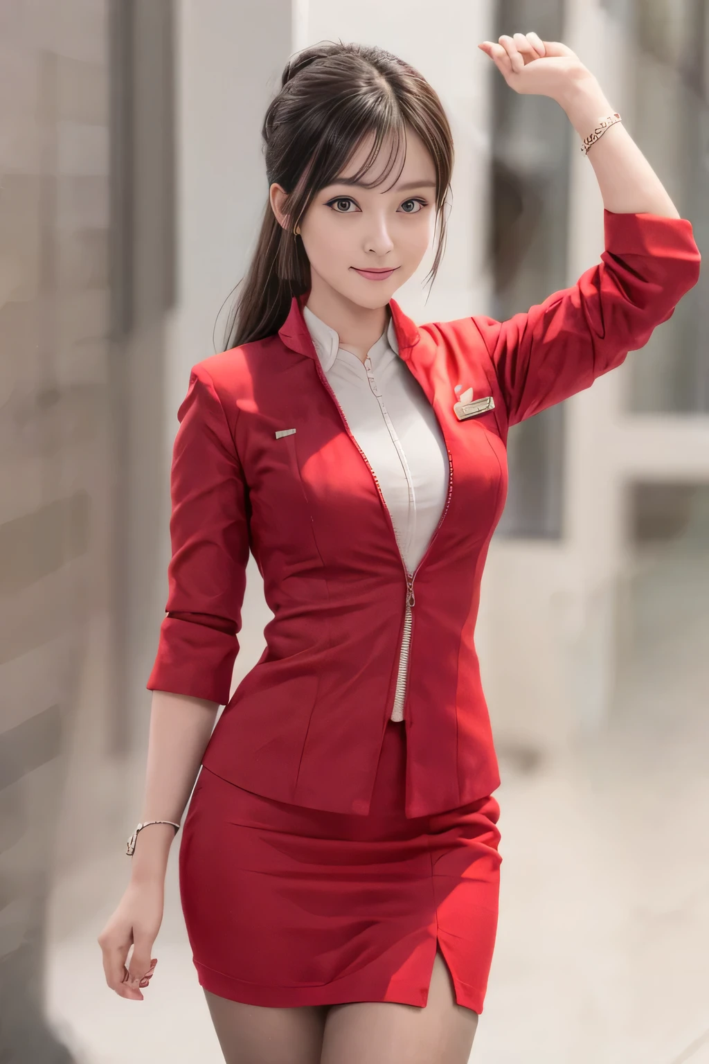 (masterpiece:1.2, highest quality:1.2), 32K HDR, High resolution, (alone、1 girl)、（On the roof of a high-rise building、Professional Lighting）、Skyscraper Background、Beautiful city view、（Realistic style with AirAsia flight attendant uniforms）、（AirAsia uniform unzipped red jacket、AirAsia uniform long sleeve red jacket、AirAsia uniform red mini tight skirt、AirAsia uniform white shirt unbuttoned）、Big Breasts、（AirAsia uniform shirt showing big breasts）、Dark brown hair、（Long Hair Up、Hair Bun）、Dark brown hair、Long Shot、（（Fine hand：2.0）），（（Harmonious body proportions：1.5）），（（Normal limbs：2.0）），（（Normal finger：2.0）），（（Delicate eyes：2.0）），（（Normal eyes：2.0））)、Luxury Necklace、Beautiful appearance,Place your hands around your stomach