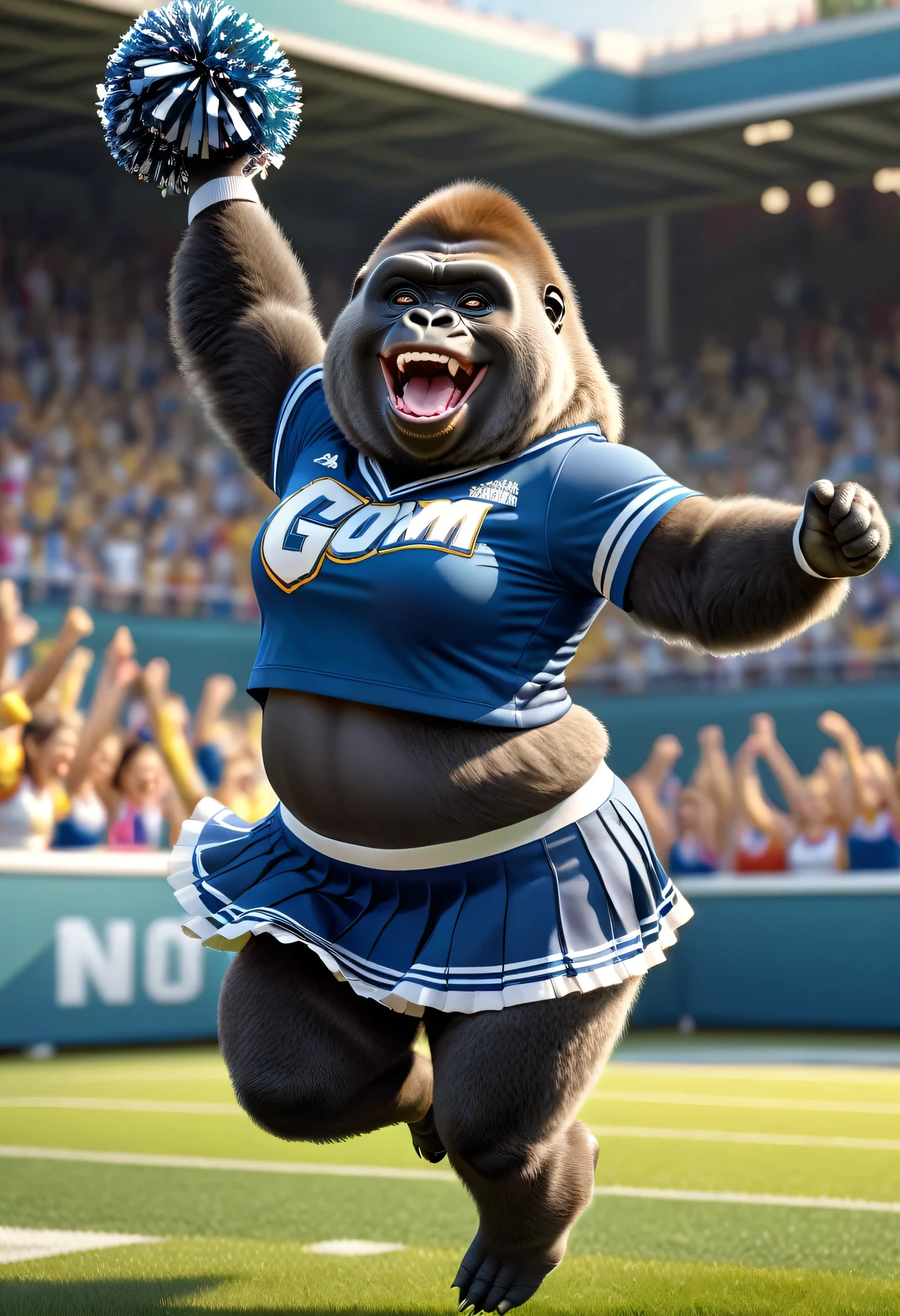 photorealistic portrait of Dressed animals - a ((fat)) manatee cheerleader ,(action pose:1.5),(jumping:1.2),(happy smile),(furry), high quality,(lovely) ,intricate detailed decorations, highly detailed (cheerleader wear), skirt knee-high socks and sneakers, holding pom-poms, grass sports field background , (happy), perfect lighting,(full body image:2.0)