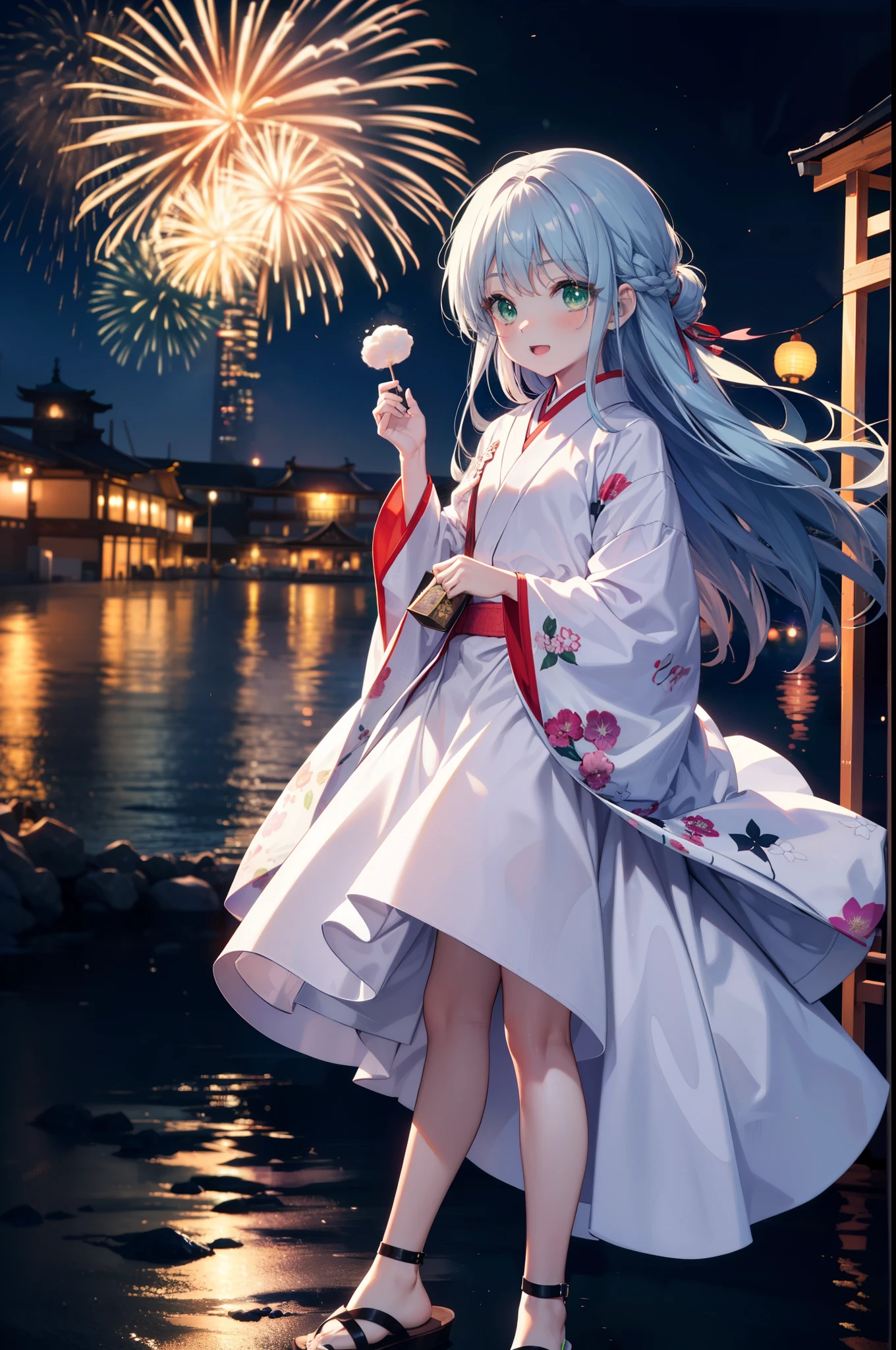 index, index, (Green Eyes:1.5), Blue Hair, Long Hair, (Flat Chest:1.2),smile,blush,Happy atmosphere,Open your mouth,Long Hair,Hair tied up,White bathrobe,Long sleeves,mini skirt,Sandals,White tabi,night空の花火,Fireworks display,Japanese Festivals,Summer festival food stalls,Red Lantern, night,whole bodyがイラストに入るように,Looking down from above,He is holding cotton candy in his right hand,
break outdoors, shrine, break looking at viewer,whole body,
break (masterpiece:1.2), highest quality, High resolution, unity 8k wallpaper, (shape:0.8), (Beautiful and beautiful eyes:1.6), Highly detailed face, Perfect lighting, Highly detailed CG, (Perfect hands, Perfect Anatomy),