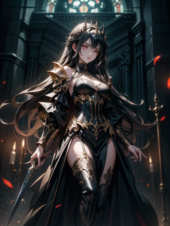 A breathtaking artwork of a female character of unimaginable beauty, set in a dark and opulent environment. The full-body view reveals an impressive figure, exuding an aura of power and mystery. She wears black and gold clothes, radiating a luxurious darkness. Her armor is detailed and characteristic, with intricate golden designs that shimmer in the dim light. Ornate shoulder pads protect her shoulders, and the armor perfectly molds to her body, accentuating her formidable presence.
Her long black hair flows like a river of darkness, contrasting with her mesmerizing scarlet eyes. Her beauty is almost supernatural, a perfect blend of grace and menace. She wields a cursed blade that seems to pulse with malevolent energy, enhancing her aura of danger.
The setting around her is a gothic and luxurious environment, with dark arches and stained glass windows that filter a supernatural light. In the background, candles flicker, casting dancing shadows on the intricately carved stone walls. It is a place that blends elegance and terror, perfectly reflecting the essence of the character.