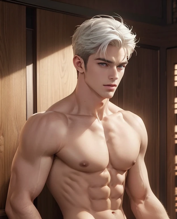 Full full body photorealistic 4k, Catboy , cat ears, yellow cats eyes, very high resolution, best quality, masterpiece, perfect color, perfect shade, perfect lighting, Posted by e621, ), ((handsome man)), perfect male figure, Short hair details，chest muscles，abdominal muscles，Naked ，nudeness perfect detailed penis and scrotum, Detailed face, perfect face, (stood up), Detailed background, ((Bonifasco Lighting)), (delicate eyes)),white hair.perfect detailed penis and scrotum.