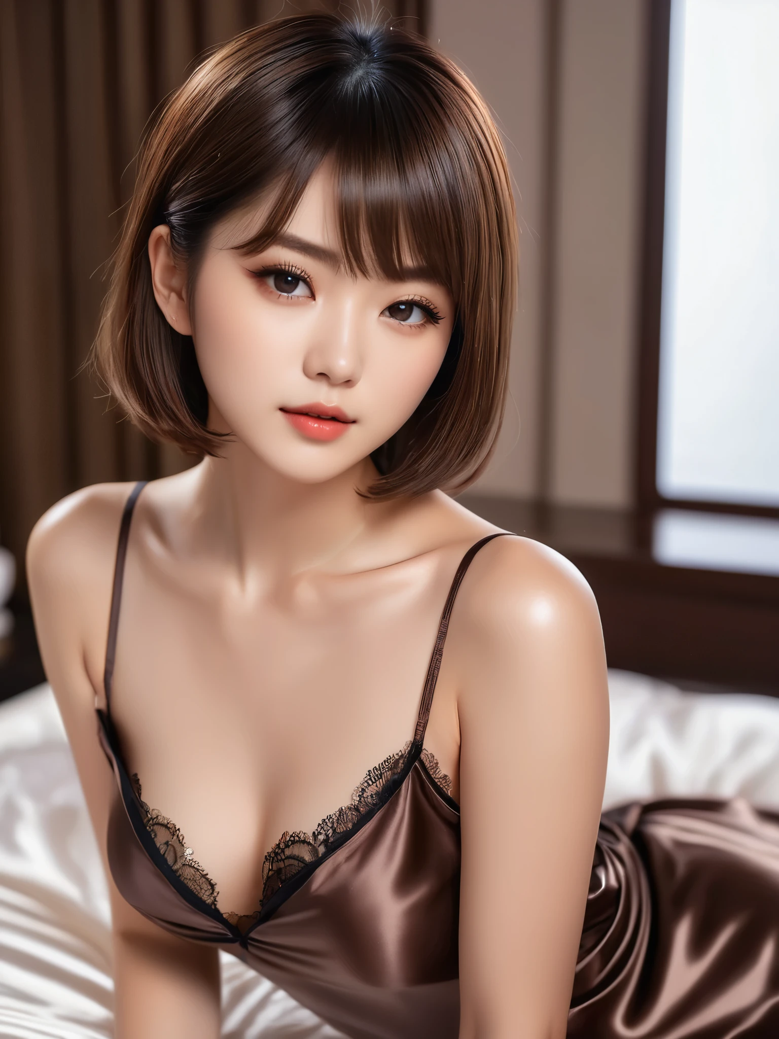 masterpiece, 1 woman per 1photo, full body shot, front view, a Japanese young pretty woman, hyper pretty face, 18 years old, short hair, sitting on a silk bed, wearing only a sleeveless silky satin deep brown with black laces, busty, wet body, glossy lips, glamorous figure, silk pillow, silk bed sheets, double eyelids in both eyes, natural makeup, long eyelashes, shiny smooth light brown hair, asymmetrical bangs, fair skin, central image, 8K resolution, high detail, detailed hairstyle, detailed face, spectacular cinematic lighting, octane rendering, vibrant, hyper realistic, perfect limbs, perfect anatomy