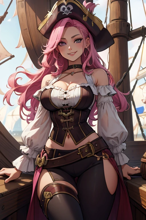 A pink haired female pirate with violet eyes with an hourglass figure in a pirate outfit is smiling on a pirate ship