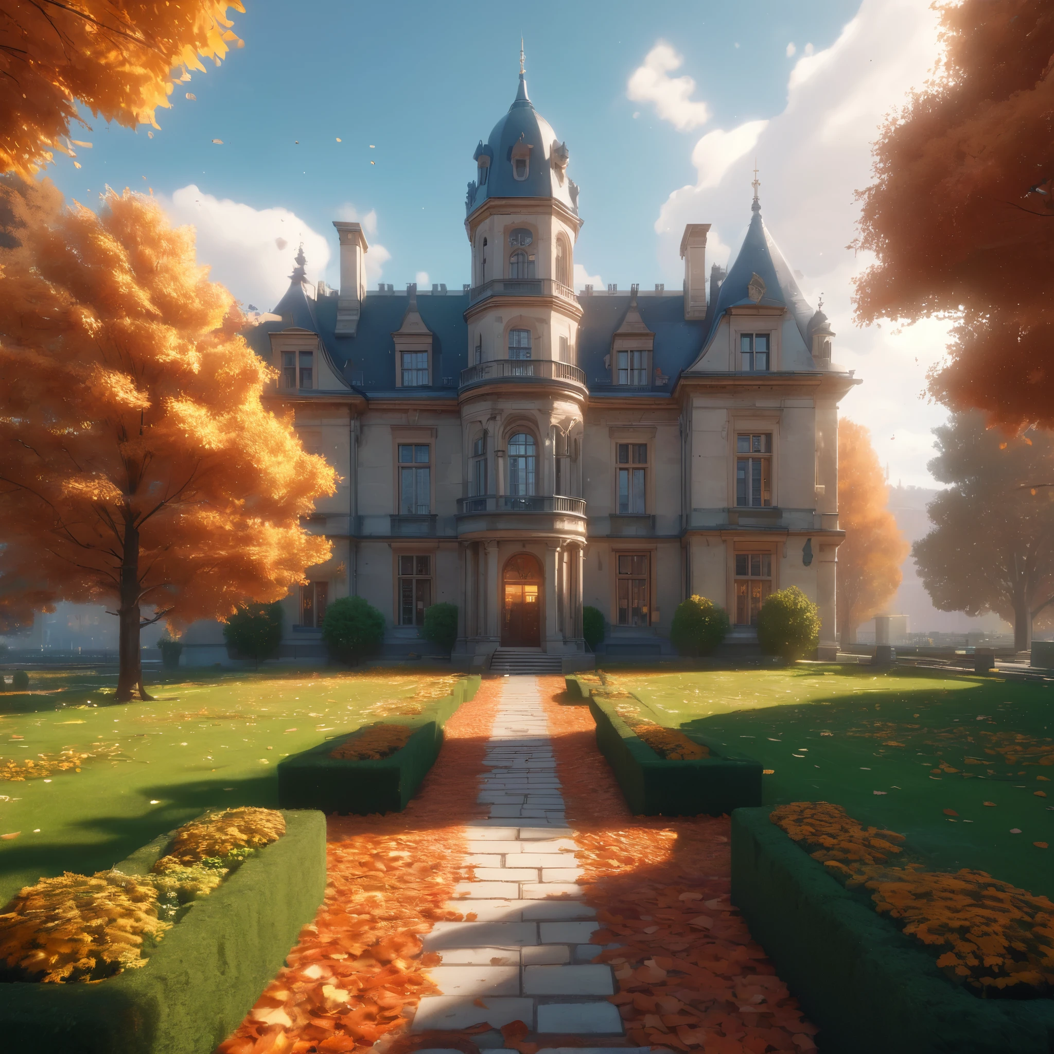 a painting of a building surrounded by trees, beautiful autumn spirit, stunning grand architecture, ultra nd, fancy library, zoomed out photography, stone pathways, fiery, octoberfest, breath taking, university, uniquely beautiful, color splashes, thisset colours, (complementary colors:1.2), (sharp focus:1.1), (Unreal Engine 5:1.2), (CGI:1.2), (high quality:1.2), (4K:1.1), (volumetric lighting:1.2), (highly detailed:1.3), (bloom:1.1), (micro details:1.2), (masterpiece:1.3), (luminescent:1.1), (aesthetic:1.3), (beautiful:1.3), (HDR:1.2), (dynamic composition:1.2), (captivating atmosphere:1.2), (immersive experience:1.3), (innovative design:1.2), (cinematic excellence:1.3), (timeless elegance:1.1), (visual storytelling:1.2), (technological marvel:1.2), (artistic finesse:1.3), (ethereal beauty:1.1), (creative brilliance:1.2)