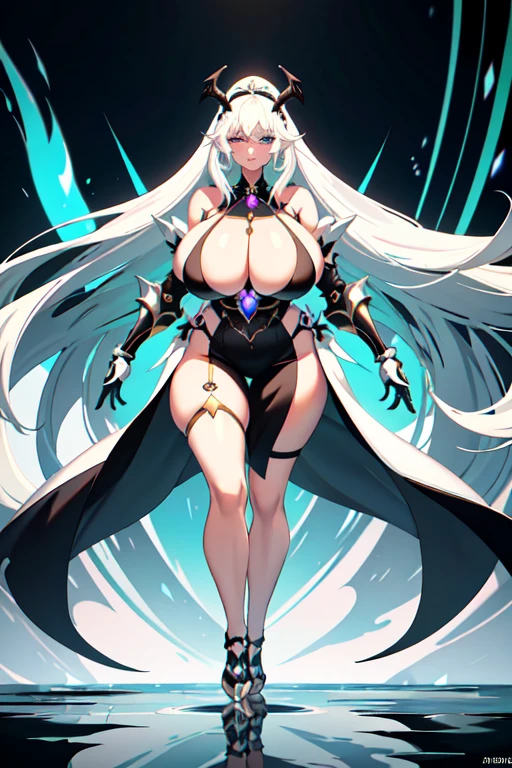 Cartoon image of a woman with white hair and a black dress, thick, Fluffy breasts, The scales that cover her chest, biomechanical tits, Pubic Pose, tits, thick装甲, Extensive details, Glamorous bikini armor, A strong and plump female magician, , A wicked Valentine&#39;s, Wearing a shiny breastplate