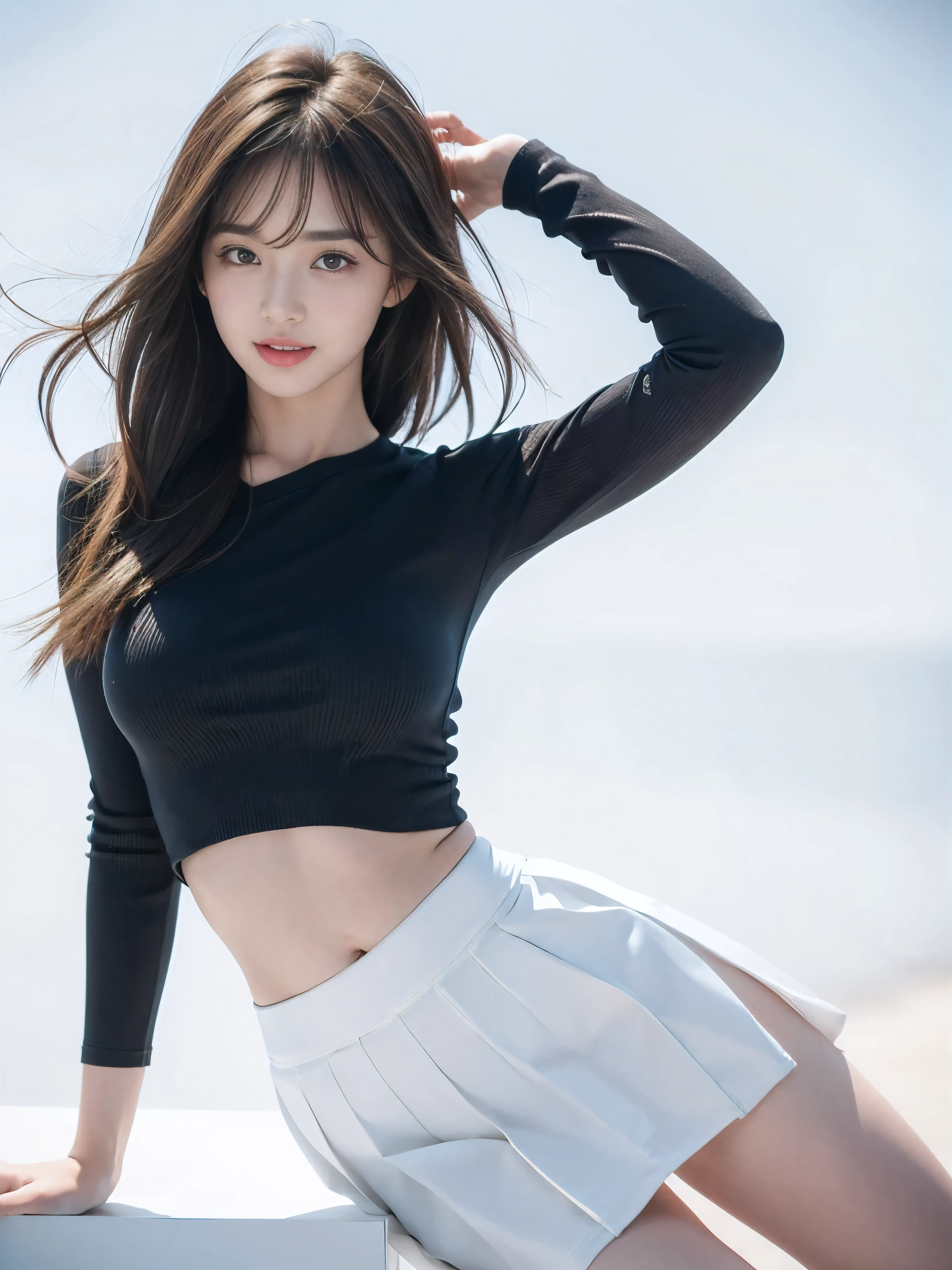 masterpiece, highest quality, Super detailed, 複雑に詳細なSuper detailed, Realistic, Sharp features, Very detailed, Sharp focus, Perfect Face, Perfect Face, Perfect symmetrical perfect eyes, Perfect Plump Lips, Flexible female form, Cinematic, Film Light, Super detailed, hyper Realistic, High resolution, Vibrant, Light brown hair, Asymmetrical Hair, Asymmetrical bangs, Messy Hair, attrActive Pause, skinny Idol Sculpture, Idol Sculpture, , Pleated skirt, smile, the wind is strong, close, (Wearing clothes:1.3), (White Background, Light background:1.2), Natural light, Black leggings, Roll up your skirt, Dynamic pose, Active Pause, Char_-bar_Mami_128 DIM
