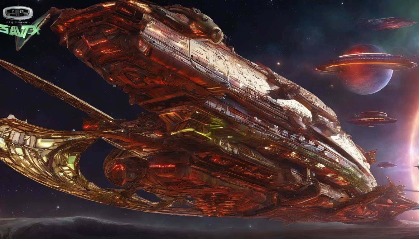 Create A breathtaking, cinematic 3D render of a futuristic steampunk starship that masterfully fuses elements of converted 1974 Winnebago into the starship's bridge, and a G'Quan Class Heavy Battle Cruiser from Babylon 5, for the in between part of the starship, and the soul of a sneaker. The bridge is in the top center of the starship This starship has a rustic orange, and cherry red, and lime green, for its colors. The massive spacecraft is in space orbiting a mesmerizing Giant Mercury-like planet with a vibrant multicolored surface creating a stunning visual effect. The starry cosmos in the background is filled with additional starships, each gracefully interacting in space., 3D, Trippy, 3D, Styles of Walter Matt Jefferies, & Leonardo Da Vicini.