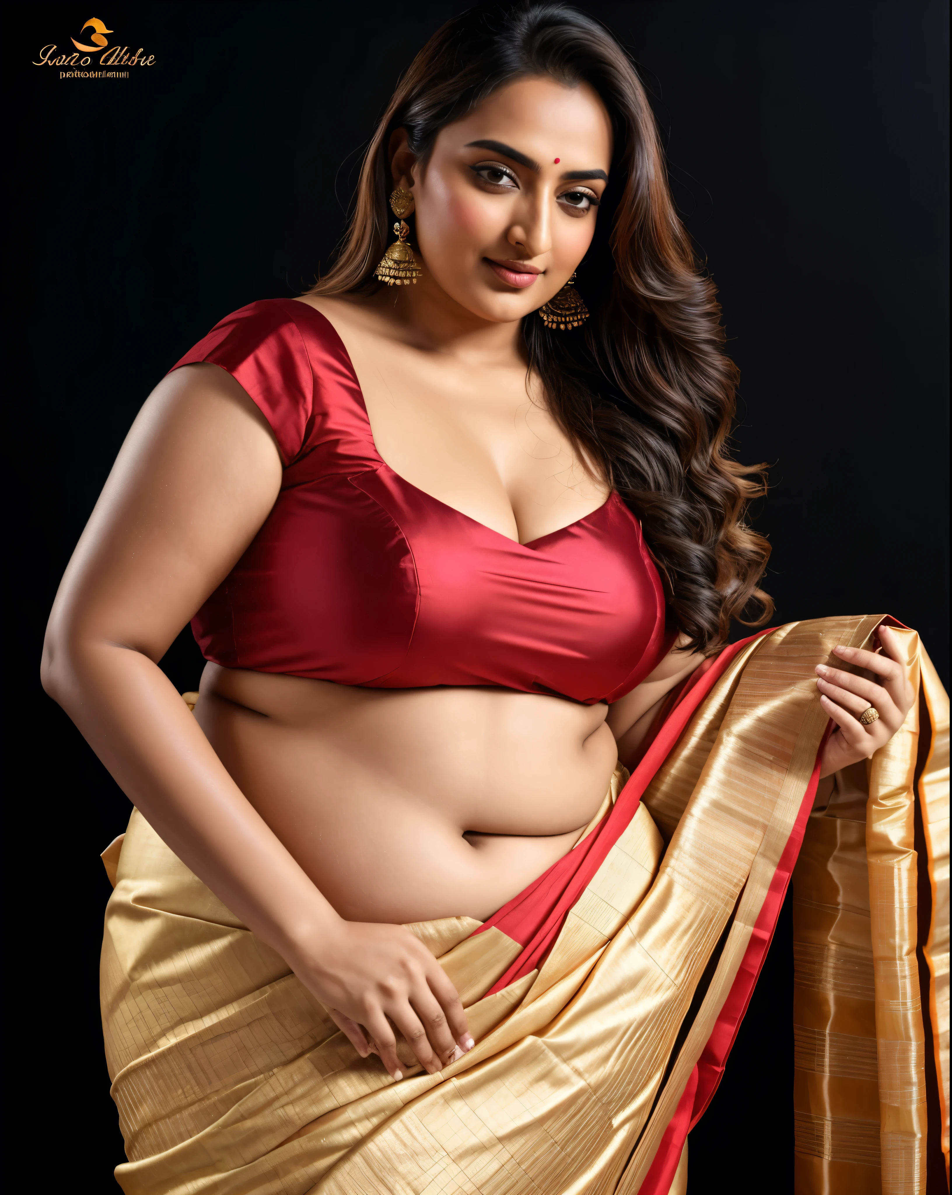 Foto RAW, photorealistic, photography, full body shot, master shot, perfect eyes, goddess like beauty, pierced eyes, perfect thick chubby mallu Desi aunty bhabhi, Wearing a Stanapatta, a chest-band.Saree model, model Photography, Indian saree shoot, Indian traditional wear advertising photography, traditional wear brand shoot, face of Indian actress Sonakshi Sinha, masterpiece, realistic, realism, incredible details,  pleasure, photorealism, detailed skin, skin pores, high contrast, photorealistic Artstation 8k HD digital art trend of high definition and detailed realistic skin texture, ultra detail, realistic skin texture, armature, best quality, ultra high definition, (photorealistic:1.4),, high resolution, detail, raw photo, sweat, Re sharp, by Lee Jefferies Nikon D850 Film Stock Photo 4 Kodak Portra 400 Camera F1.6 Lens Rich Color Ultra Real Realistic Realistic Textures Dramatic Lighting Unreal Engine Trending at Art Station Cinestill 800,(pele altamente detalhada: 1.2), 8k UHD, DSLR, soft-lighting, alta qualidade, grain of film, Fujifilm XT3,she didn't like to wear blouse or bra, she is happy to wear only saree, she hates blouse or bra, detailed hairy armpits, hyper realistic skin, skin pores, sweat, veins, 