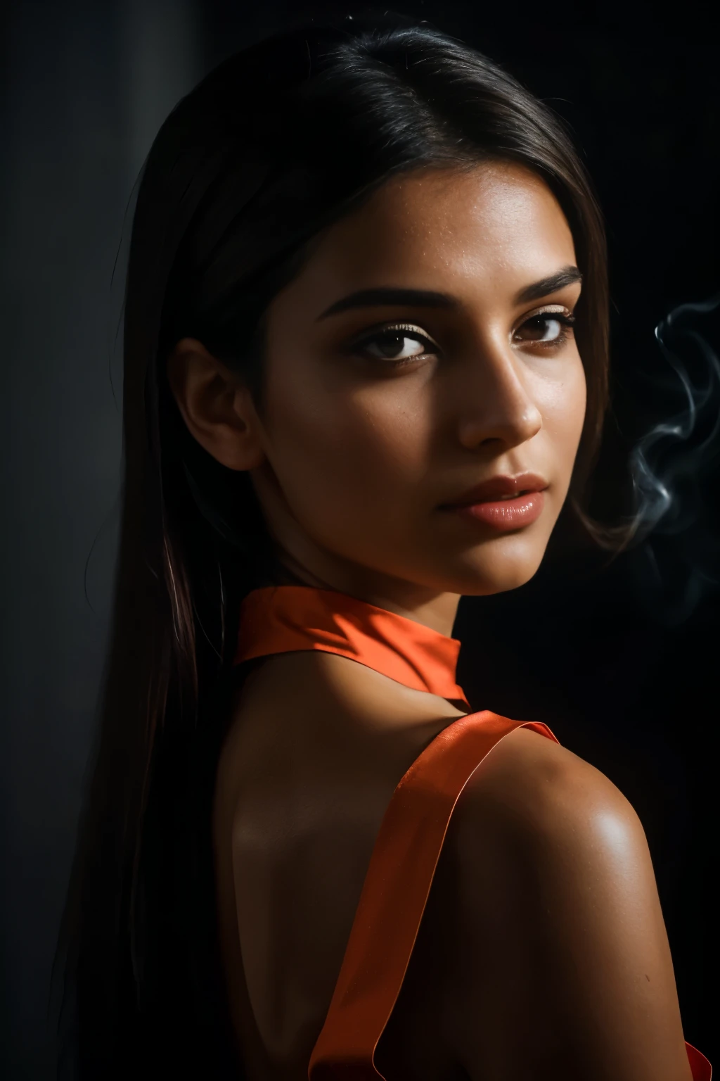 In this photograph, an Indian Instagram female model in her mid-20s takes center stage. , (highly detailed face:1.4) (smile:0.7) (backround 5 star hotel , moody, private study:1.OV, by lee jeffries, nikon d850, film stock photograph ,4 kodak portra 400 ,camera f1.6 lens ,rich colors ,hyper realistic ,lifelike texture, dramatic lighting , cinestill 800, realistic, wearing red orange and black combination dobby weave self design fit & flare dress Sweetheart neck Short, puff sleeve Tie-up detail on back Above knee length in flounce hem Attached Lining Chiffon fabric, actress, karla ortiz, posing!!, candid picture, by Max Dauthendey,Completing the aesthetic, the model wears a slave collar with a chain around her neck. The photograph is meticulously captured in 8K resolution using cutting-edge techniques such as Cinema 4D and Octane Render, resulting in a highly detailed and photorealistic image. Studio lighting, HDR, and a smoky mist create a captivating ambiance, while the bokeh effect adds an artistic touch.