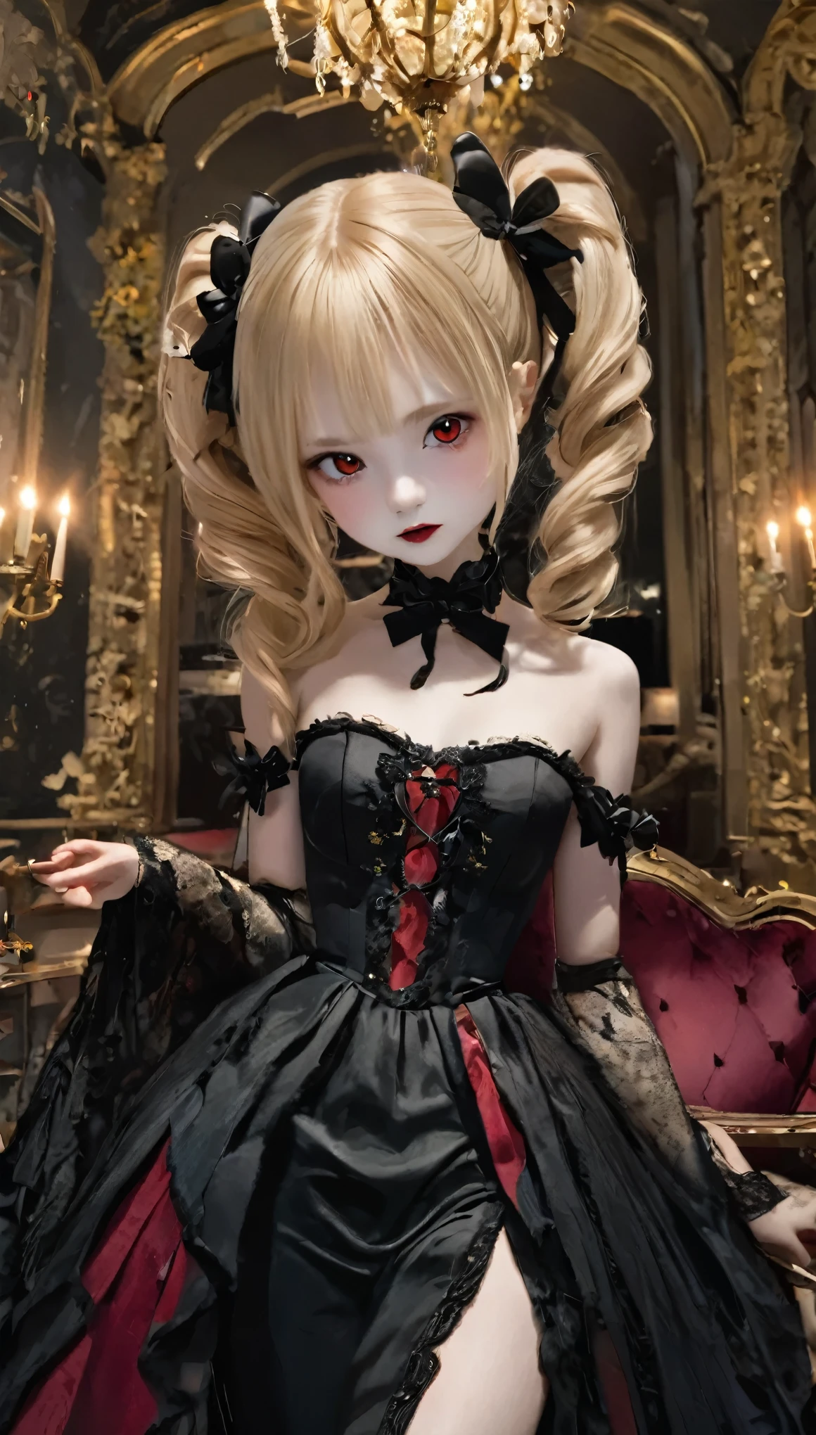 One Girl、Unparalleled beauty、Cute Face、Red face、Beautiful Eyes、(((vampire、Crimson Eyes、Black Lips、Expressionless)))、Dark fantasy、Floating eroticism、Twin tails、Twin tails、blonde、Elegant Dresses、Small breasts、capital of、Dark reception room、Luxurious ornaments、Dim lighting、Dim lighting、masterpiece、highest quality、Super Resolution、Best image quality、Very detailed、