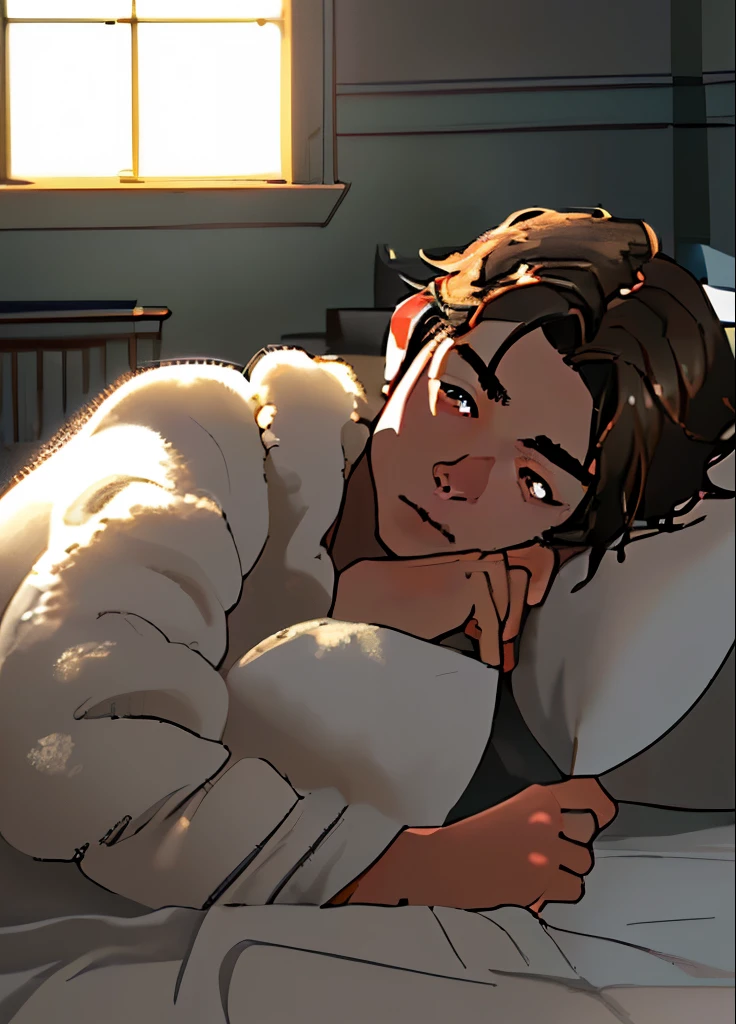 1 boy waking up on bed, sleepy expression, detailed facial features, (best quality,4k,8k,highres,masterpiece:1.2),ultra-detailed,(realistic,photorealistic,photo-realistic:1.37),morning light, bedroom interior, warm color tones, soft bedding, fluffy pillow, wooden furniture, natural lighting, high quality, cinematic, dramatic lighting