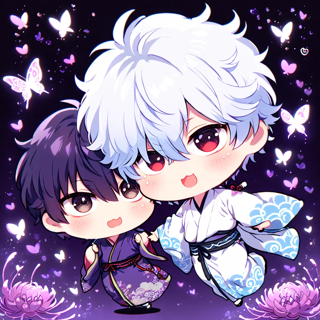 absurdres, highres, ultra detailed, HDR, master piece, best quality, Takasugi Shinsuke chibi, dark purple hair, hair over the left eye, expressive brown eyes, Gintama, Sakata Gintoki chibi, white hair, expressive red eyes, gay couple, yaoi, white kimono, purple kimono, patterns, magical, fantasy, purple background, purple spider lilies, shining, purple petals, purple sparkling butterflies, purple water