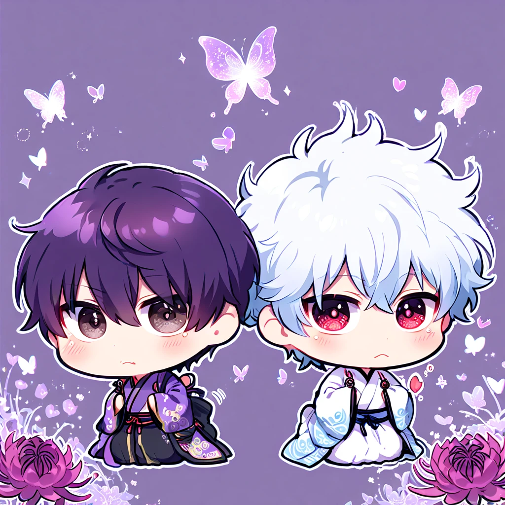 absurdres, highres, ultra detailed, HDR, master piece, best quality, Takasugi Shinsuke chibi, dark purple hair, hair over the left eye, expressive brown eyes, Gintama, Sakata Gintoki chibi, white hair, expressive red eyes, gay couple, yaoi, white kimono, purple kimono, patterns, magical, fantasy, purple background, purple spider lilies, shining, purple petals, purple sparkling butterflies, purple water