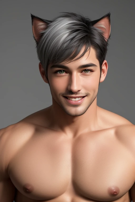 best quality,masterpiece, catboy, Ultra high detail,A handsome muscular man,Short black hair,nude naked, with perfect detailed penis and scrotum,),(Wi),realistic,Grey background, white cats ears, white haired, smiling 
