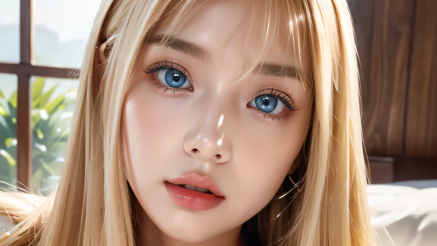 A very white and beautiful 20-year-old blonde girl、masterpiece, highest quality, shape, Ultra-fine detail, Naturally shiny platinum blonde、Super long straight silky hair、Super long hair like Rapunzel、Hair tangled all over the body、bangs over eyes、bangs on the face、Messy bangs、High resolution, 8K TV Wallpaper, Perfect dynamic composition, Big, bright, light blue eyes that shine beautifully、Very big eyes、of hotel(bed)、Small Face Beauty、Round face、double eyelid、Cheek gloss highlighter、On all fours