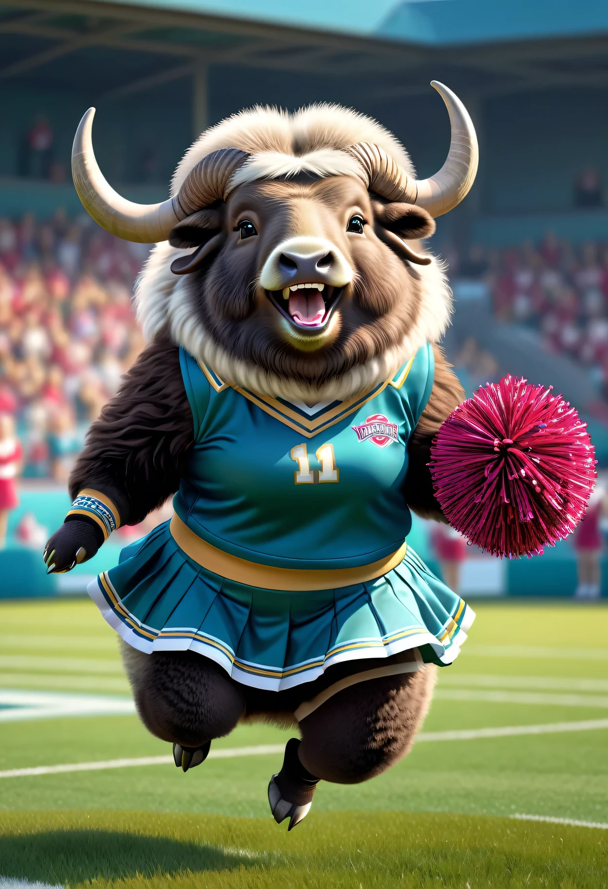 photorealistic portrait of Dressed animals - a ((fat))cute musk ox cheerleader ,(action pose:1.5),(jumping:1.2),(happy smile),(furry), high quality,(lovely) ,intricate detailed decorations, highly detailed (cheerleader wear), skirt and underwear, holding pom-pom, grass sports field background , (happy), perfect lighting,(full body image:2.0)