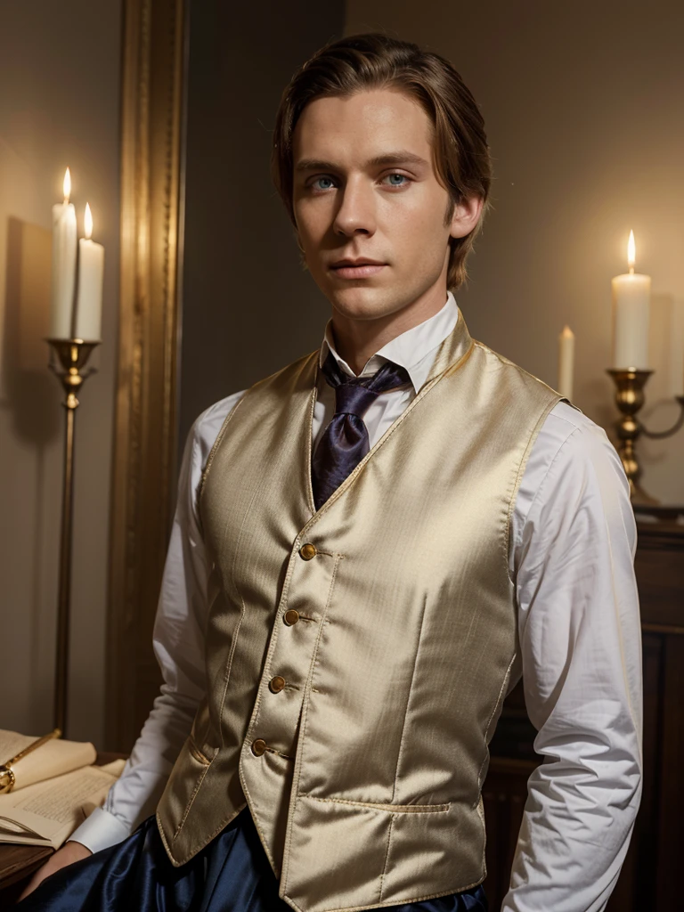 Joseph Smith, male, about 25, white skin, dense gold hair, neatly combed, shining blue eyes, dark tapestry waistcoat of 1840, white satin cravat, portrait, realistic, candlelight