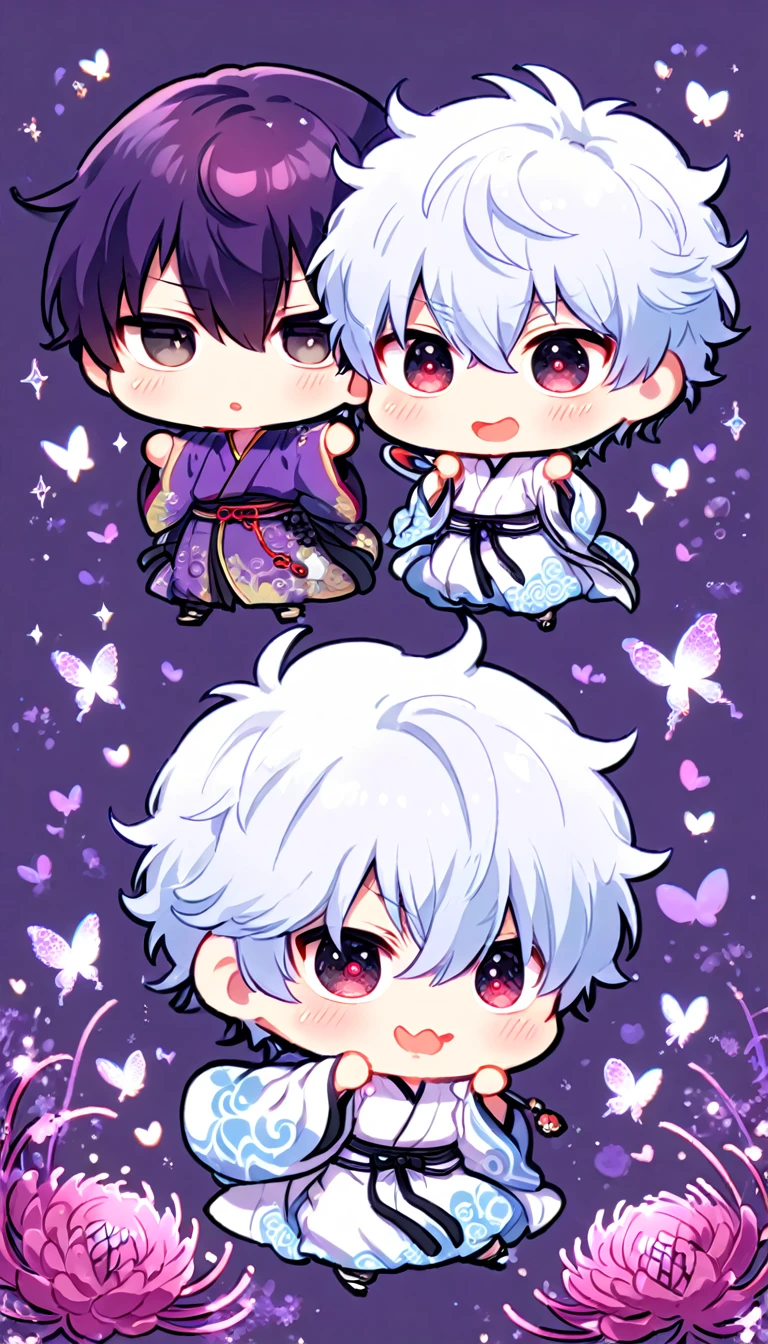 absurdres, highres, ultra detailed, HDR, master piece, best quality, Takasugi Shinsuke chibi, dark purple hair, hair over the left eye, expressive brown eyes, Gintama, Sakata Gintoki chibi, white hair, expressive red eyes, gay couple, yaoi, white kimono, purple kimono, patterns, magical, fantasy, purple background, purple spider lilies, shining, purple petals, purple sparkling butterflies, purple water