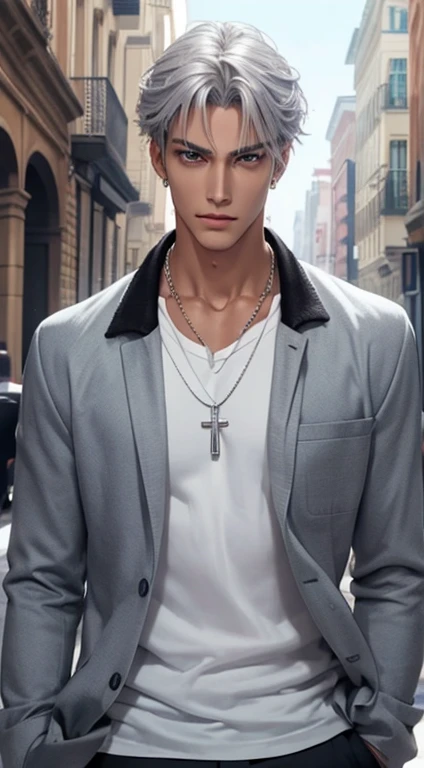 1 boy,Handsome,tall and strong,perfect male figure, eyes looking at camera, ((tanned skin)), Street,silver hair,serious expression,necklace,Ray tracing