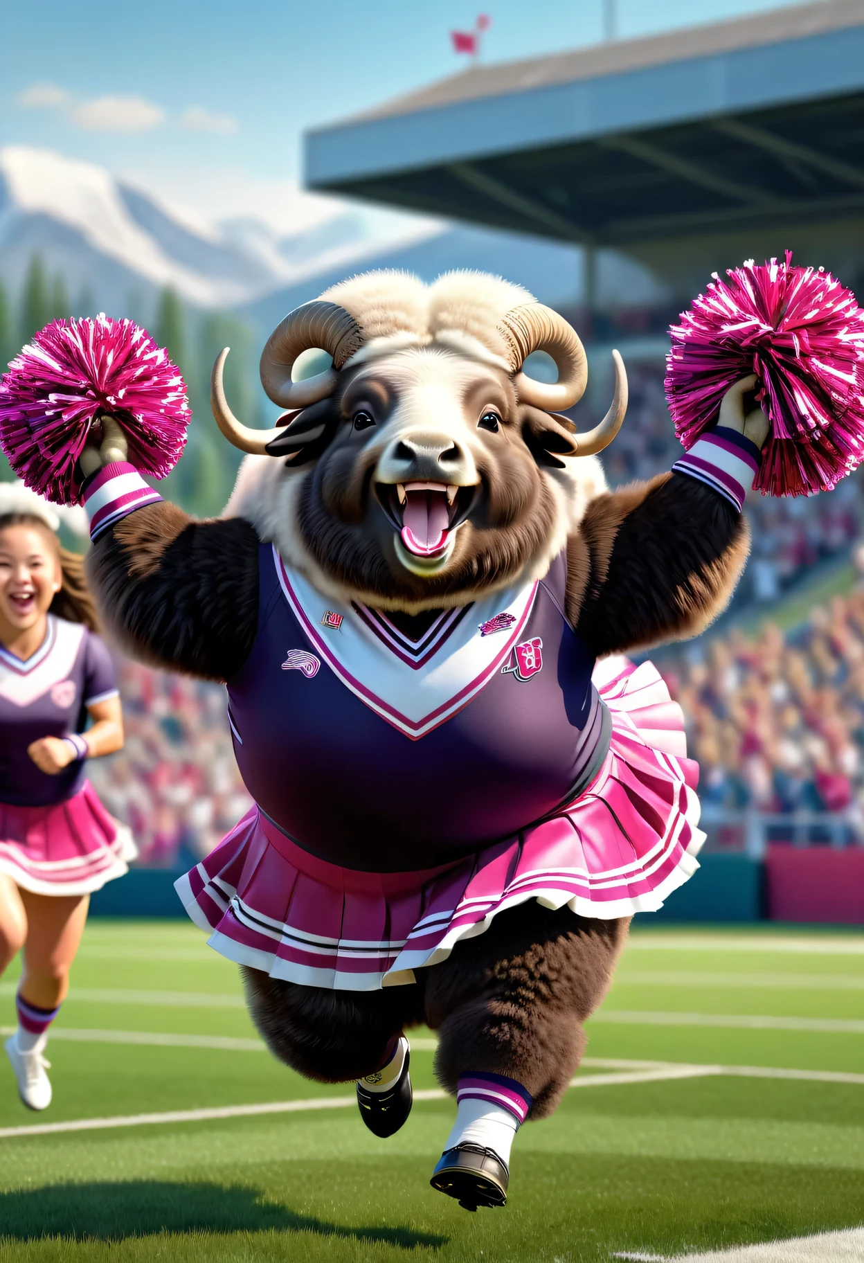 photorealistic portrait of Dressed animals - a ((fat)) cute musk ox cheerleader ,(action pose:1.5),(jumping:1.2),(happy smile),(), high quality,(lovely) ,intricate detailed decorations, highly detailed (cheerleader wear), skirt and underwear, holding pom-poms, grass sports field background , (happy), perfect lighting,(full body image:2.0)