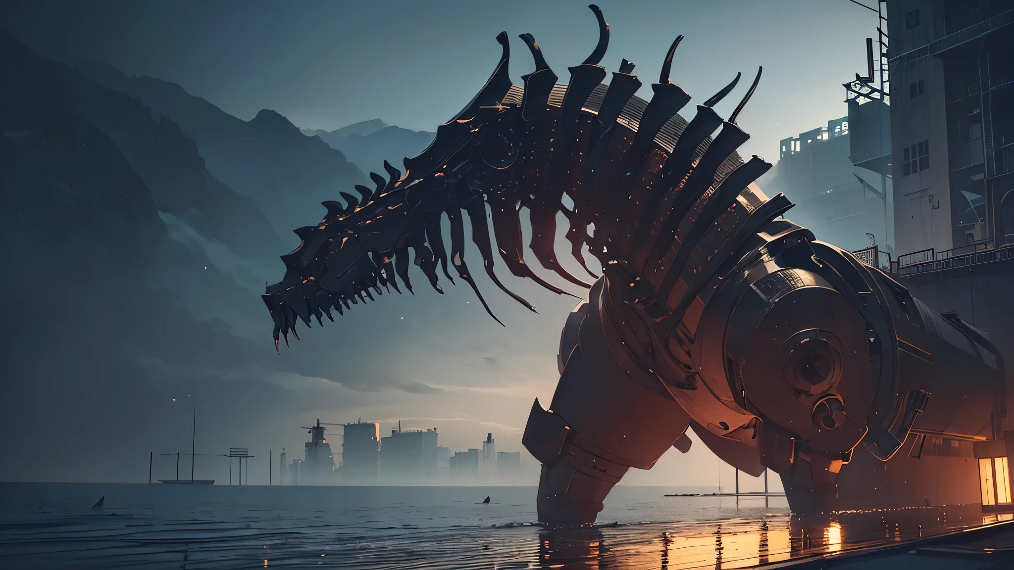 ((8K resolution))、((highest quality))、((masterpiece))、((Very detailed))((((dramatic))), (Anatomically correct)、The depth of the object to write、Looking at the camera、front、(Mechanical bones格、Mechanical boneechanical Cervical Vertebra、Long and thin、Spit sludge from the mouth、Bloody)、spooky、an ominous、((theme、whole body:1.1)), SF、Biomechanics、Design、background:Maintenance Dock