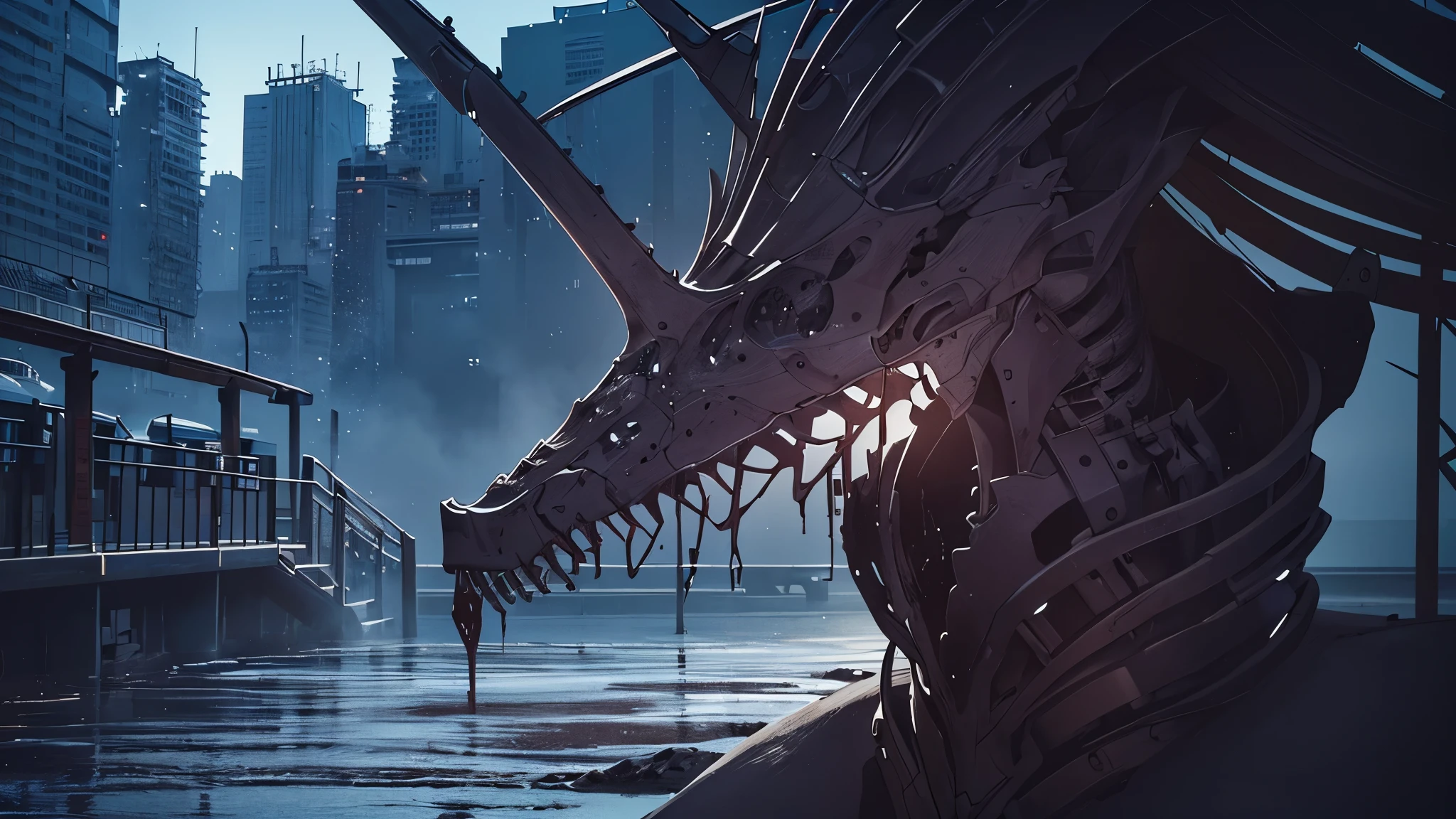 ((8K resolution))、((highest quality))、((masterpiece))、((Very detailed))((((dramatic))), (Anatomically correct)、The depth of the object to write、Looking at the camera、front、(Mechanical bones格、Mechanical boneechanical Cervical Vertebra、Long and thin、Spit sludge from the mouth、Bloody)、spooky、an ominous、((theme、whole body:1.1)), SF、Biomechanics、Design、background:Maintenance Dock