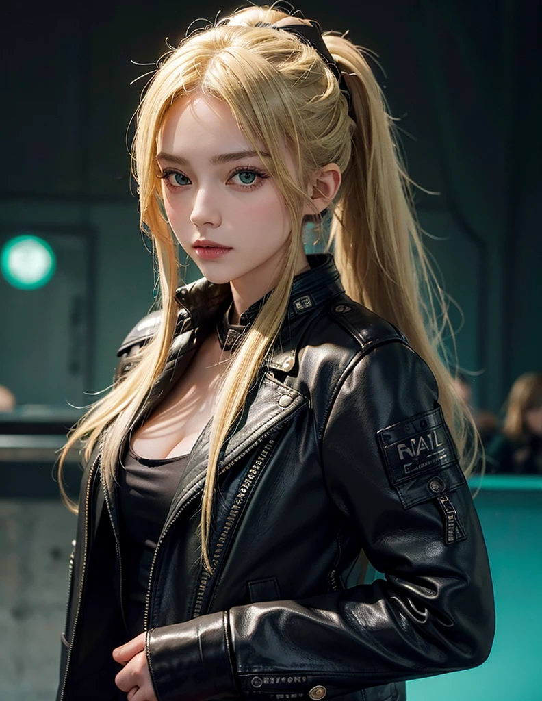 1 Girl, Solitary, Face, portrait, long hair, Ponytail, Blonde Hair, Green Eyes, Large Breasts, (Black leather jacket:1.2) , cleveage, School, Face紅, Looking at the audience,