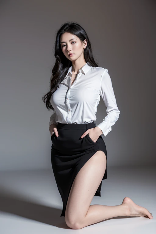 just a photo of the body. face looking at camera. Divergent Russia woman. massage woman. (Red top dress uniform. black underskirt outfit). (real life big mom), (((front body pose))). mom. an (exquisite beautiful woman: 1.4), ((wearing office clothing)). (office woman).((Mom)). (best detailed face:1.3), (ultra feminine: 1.3), dynamic hair, long hair, wavy hair, blue eyes, intent eyes, photorealistic, 16k, RAW, award winning, (best detailed: 1.5), masterpiece, best quality, (best detailed: 1.3), full body, ultra wide shot, 3D rendering. (((plain background. no background))). body straight forward facing the camera, no style. upright pose. (((front tread. front view))). ((Pose body)).