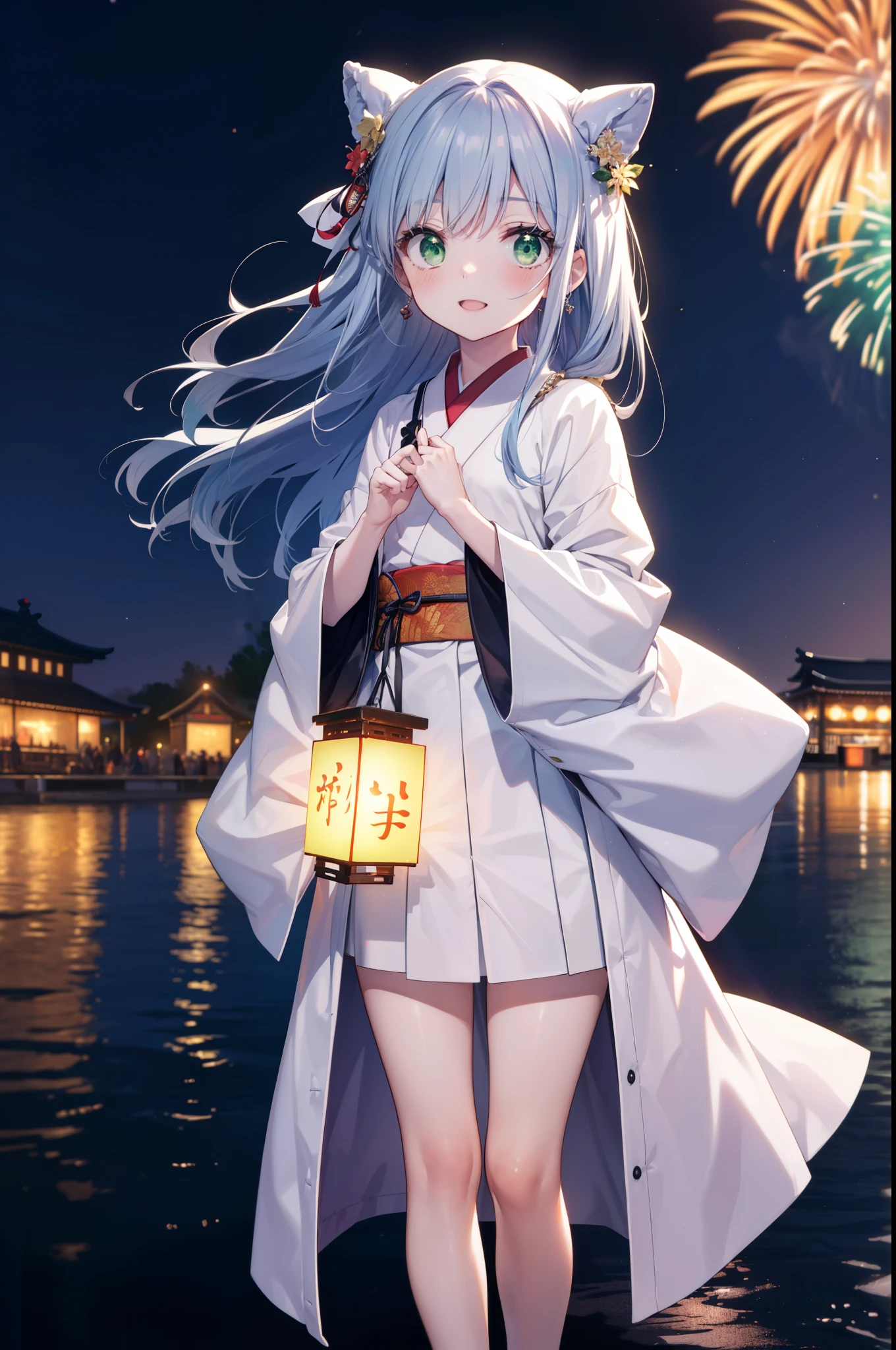 index, index, (Green Eyes:1.5), Blue Hair, Long Hair, (Flat Chest:1.2),smile,blush,Happy atmosphere,Open your mouth,Long Hair,Hair Bun, double  Hair Bun,White bathrobe,Long sleeves,mini skirt,Sandals,White tabi,night空の花火,Fireworks display,Japanese Festivals,Summer festival food stalls,Red Lantern, night,whole bodyがイラストに入るように,Looking down from above,He is holding cotton candy in his right hand,
break outdoors, shrine,                                              break looking at viewer,whole body,(Cowboy Shot:1. 5)
break (masterpiece:1.2), highest quality, High resolution, unity 8k wallpaper, (shape:0.8), (Beautiful and beautiful eyes:1.6), Highly detailed face, Perfect lighting, Highly detailed CG, (Perfect hands, Perfect Anatomy),