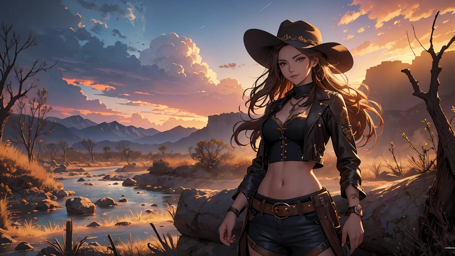 Arte de anime Genshin Impact: ((masterpiece: 1.2, 16k, super detail, best quality, accurate, high resolution, high quality)), (Wallpaper), Young cute cowgirl, age 18, super model, smiling, short brown leather jacket with open front, cowboy belt, brown cowboy hat, leather boots, braided hair, elegant posture, elegant cowgirl in the spotlight, illustrative style inspiration from the Charles Marion Russell, freedom, strength, confidence, full body portrait, standing, top model pose, seductive expression, Full breasts, Tight shirt, Midriff, beautiful latin girl, looking at the spectators, beautiful and charming girl, perfect clean model face, exquisite facial features, detailed face, clear facial expressions, long wavy hair, gradient hair, beautiful detailed eyes, piercing and enchanting eyes, luscious lips, beautiful detailed glossy lips, rosy cheek, enchanting smile, perfect body, slim waist, dynamic poses, solo girl, wild west setting, plain of the American West, wide and warm old sky, the sunset, a desert with dry soil and sparse thorn trees, rocky mountains, winding river with vegetation on the banks, rusty railway track, rock formations, ruins of a miner's cabin, dilapidated railroad, complex background, very detailed illustration, Ultra-detailed CG, professional art, vibrant appearance, raw photo, (a majestic vision), (dramatic photo:1.4), cinematic, (HDR:1.5), (intricate details:1.1), natural colors, splendid lighting effects, (dramatic light), (Cinematic lighting), epic and surrealistic anime, detailed anime digital art, anime digital art, high-quality anime art style, award winning,