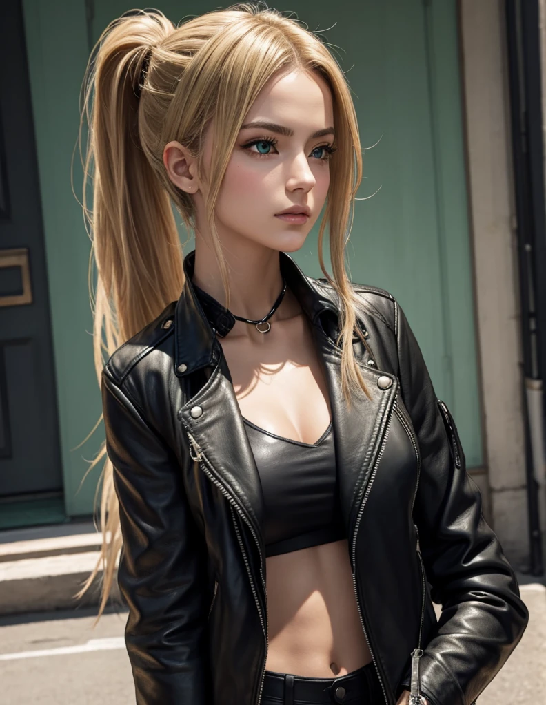 1 Girl, Solitary, Face, portrait, long hair, Ponytail, Blonde Hair, Green Eyes, Large Breasts, (Black leather jacket:1.2) , cleveage, School, Face紅, Looking at the audience,
