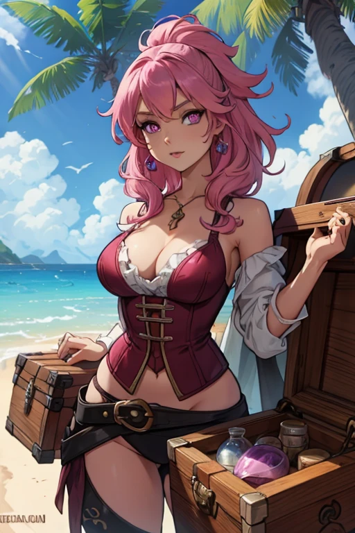 A pink haired female pirate with violet eyes with an hourglass figure in a pirate outfit is running on a beach with a treasure chest