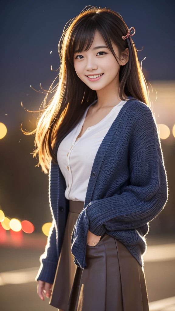 (highest quality,masterpiece:1.3,Ultra-high resolution),(Very detailed,8k),(Realistic:1.4,RAW shooting)。Blurred Background、The best smile。Hair swaying in the wind。Hair tied with ribbon。A cute, 25-year-old woman、She is wearing a shirt and a skirt。Wearing a knitted cardigan。Standing in the city at night。Night view。
