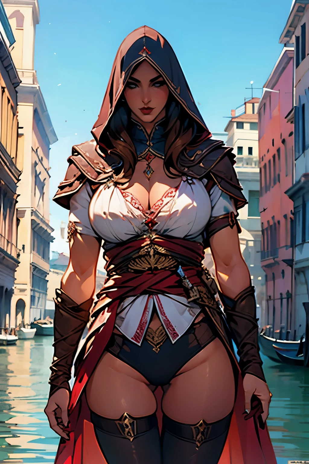 La mujer, poca ropa, ropa, botas hasta la rodilla, Pulseras en las piernas, medias, stockings, Ciudad medieval al fondo,Venice, Venecia, noche, night, Renacimiento,renaissance, muy detallado, Realistic long-term photography., 4k, pelo largo, brown hair, By the chestnut, labios rojos,hood, capucha, brazalete, sexy,red lips, brown eyes, big breasts, pechos grandes, breasts, Lucia Auditore