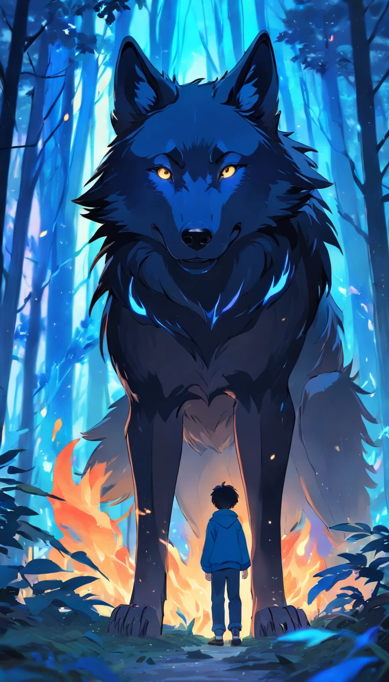 A black wolf with parts of its body covered in blue flames lies with a boy in the forest, Ethereal scene, powerful