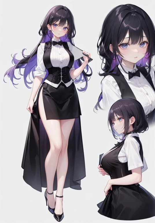 Purple hair,voluminous long hair,Adult female,bartender,(((A black vest with a closed front))),((Roll up your sleeves)),(Corset),(Tight skirt),(high heels),The heel is visible,((Simple background)),Smile,((Full body)),((whole body)),Character Sheet,