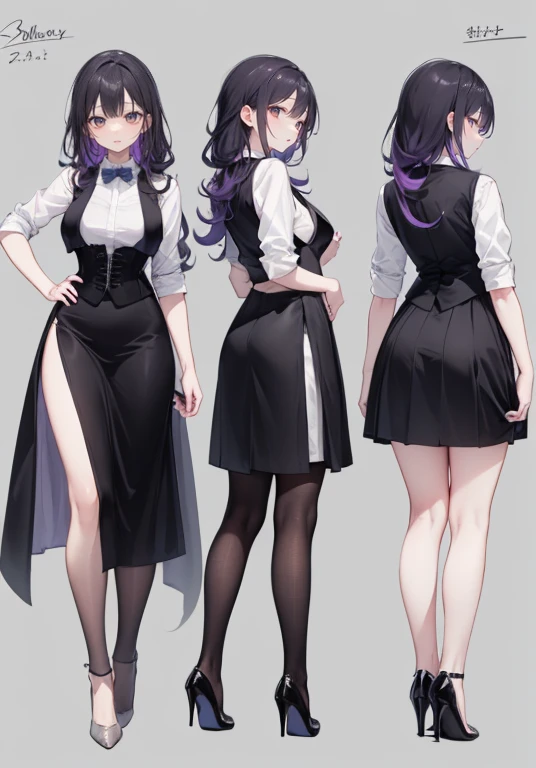 Purple hair,voluminous long hair,Adult female,bartender,(((A black vest with a closed front))),((Roll up your sleeves)),(Corset),(Tight skirt),(high heels),The heel is visible,((Simple background)),Smile,((Full body)),((whole body)),Character Sheet,