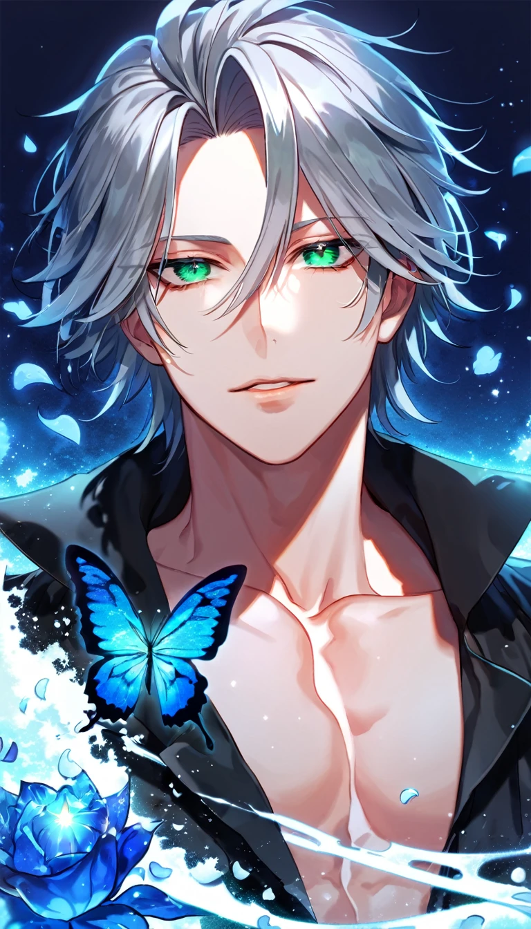 Ultra detailed, HDR, Highres, absurdres, master piece, Gokudera Hayato, gray hair, without bangs, expressive green eyes, black shirt, Katekyo Hitman Reborn!, glittering blue butterflies, petals, blue flowers, handsome, sexy man, toned chest, extremely detailed face and eyes, glittering, blue background, perfect face, best quality, blue water, magical, fantasy,