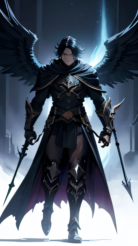 a male angelic warrior, demonic warrior angel, dark angel, dramatic pose, powerful, cinematic lighting, dramatic shadows, glowing energy aura, intricate armor, flowing cape, dramatic background, epic fantasy, dark fantasy, muted color palette, digital art, concept art, octane render, 8k, best quality, highly detailed, photorealistic, white background