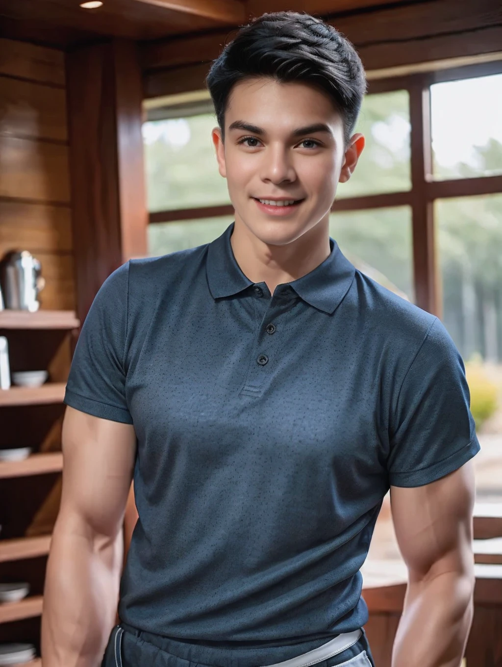 A male police officer in his 20s poses for a group photo., Wear a navy blue polo shirt., high resolution, Masterpiece, best quality, head:1.3,, Smooth and fine skin, clear focus, (movie light), during the night, gentle light, Dynamic angle, (detailed face:1.2), (((exercise))), sport, His arm muscles were very big., hand in crotch, in his bedroom ,natural and delicate,