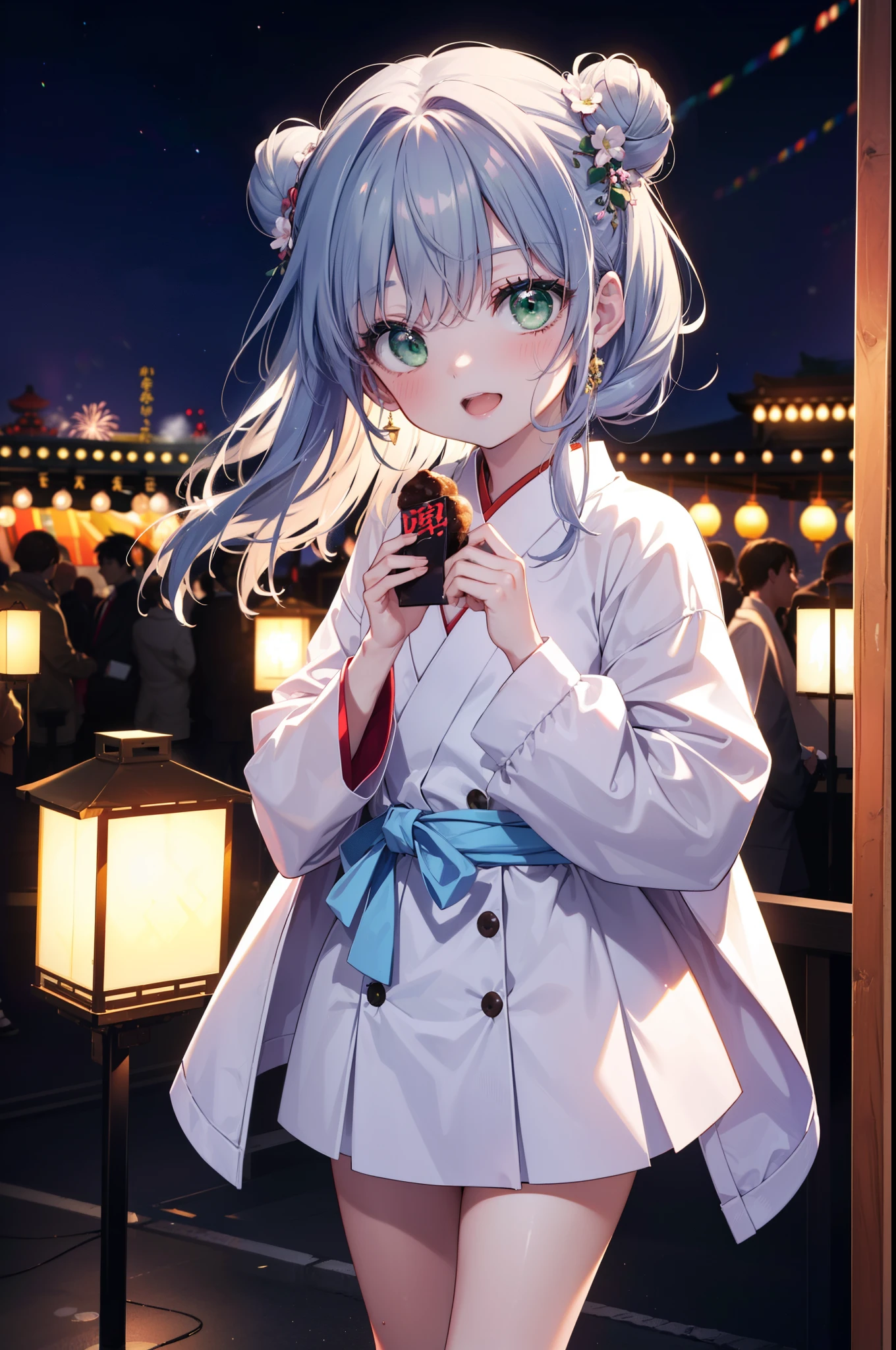 index, index, (Green Eyes:1.5), Blue Hair, Long Hair, (Flat Chest:1.2),smile,blush,Happy atmosphere,Open your mouth,Long Hair,Hair Bun, double Hair Bun,White bathrobe,Long sleeves,mini skirt,Sandals,White tabi,night空の花火,Fireworks display,Japanese Festivals,Summer festival food stalls,Red Lantern, night,whole bodyがイラストに入るように,Looking down from above,He is holding cotton candy in his right hand,
break outdoors, shrine, break looking at viewer,whole body,(Cowboy Shot:1. 5)
break (masterpiece:1.2), highest quality, High resolution, unity 8k wallpaper, (shape:0.8), (Beautiful and beautiful eyes:1.6), Highly detailed face, Perfect lighting, Highly detailed CG, (Perfect hands, Perfect Anatomy),