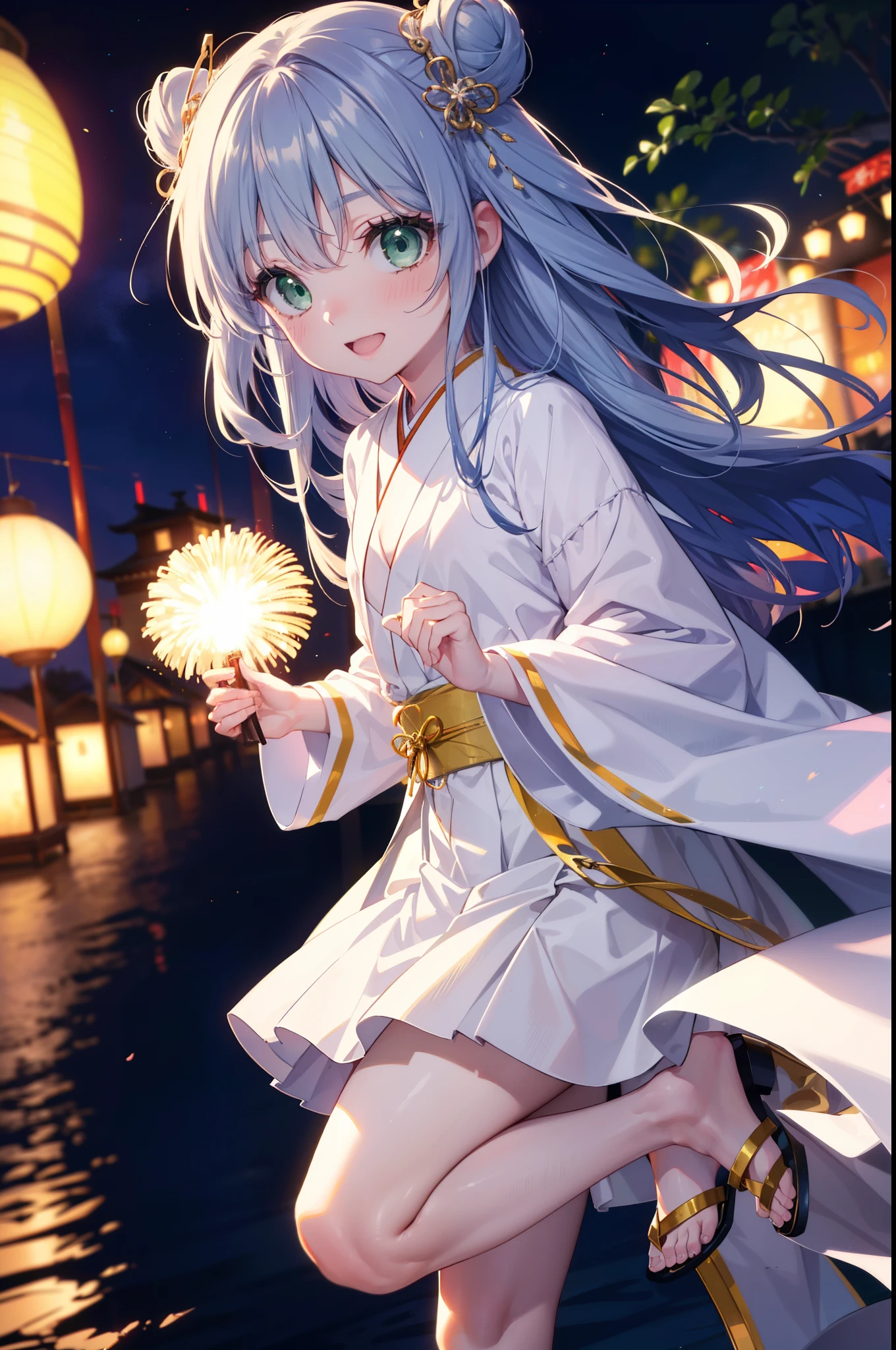 index, index, (Green Eyes:1.5), Blue Hair, Long Hair, (Flat Chest:1.2),smile,blush,Happy atmosphere,Open your mouth,Long Hair,Hair Bun, double Hair Bun,White bathrobe,Long sleeves,mini skirt,Sandals,White tabi,night空の花火,Fireworks display,Japanese Festivals,Summer festival food stalls,Red Lantern, night,whole bodyがイラストに入るように,Looking down from above,He is holding cotton candy in his right hand,
break outdoors, shrine, break looking at viewer,whole body,(Cowboy Shot:1. 5)
break (masterpiece:1.2), highest quality, High resolution, unity 8k wallpaper, (shape:0.8), (Beautiful and beautiful eyes:1.6), Highly detailed face, Perfect lighting, Highly detailed CG, (Perfect hands, Perfect Anatomy),