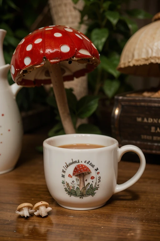 A cup alongside amanitta muscaria mushrooms