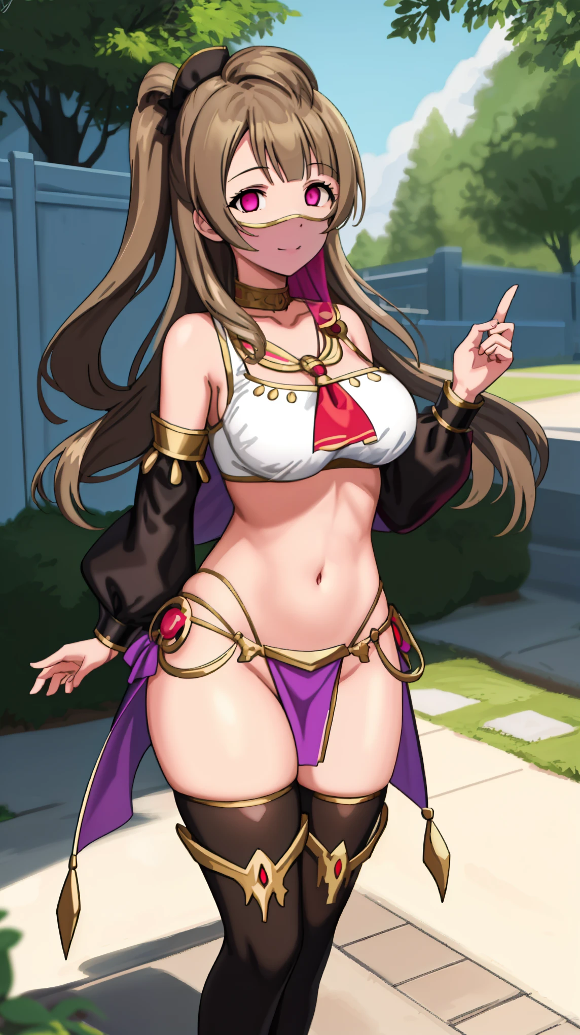 1 girl,NsfW, dnc_glam, mouth veil , wearing belly dancer costumes,Lewd Dancer, Black costume,((Evil costume)),Minami Kotori,(lovelive！),((Huge breasts 1.8)), clavicle, Glowing purple eyes,Absurd, brainwashing,Hollow Eyes, ((Expressionless, Emotional removal)),avert your eyes , Full body portrait, Outdoor,Dim Alley,night, (highest quality、4K、8k、High resolution、Must have:1.2)、Very detailed、(reality、reality的なです、reality的な:1.37)、Ticker、Hyper HD、Studio Lighting、Ultra High Definition Paint、Sharp focus、Physically Based Rendering、Extreme Detail、Professional specifications、Vibrancy and color、Blurred、Sports portrait、landscape、Horror Style、Anime Big Tits、sf、photograph、Concept Artist、Five Fingers, Perfect body,  {{{masterpiece}}}, {{{highest quality}}}, {{Very detailed}}, {shape}, {{Very delicate and beautiful}},Improved cost performance、All Roles、Canon 5D MK4でphotograph、photograph, 