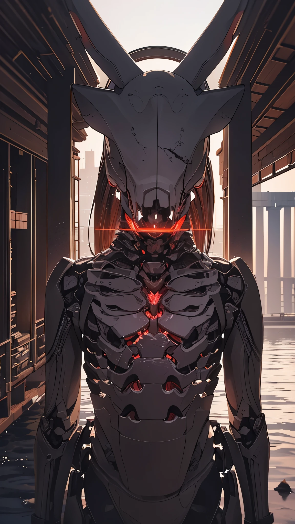 ((8K resolution))、((highest quality))、((masterpiece))、((Very detailed))((((dramatic))), (Anatomically correct)、The depth of the object to write、Looking at the camera、front、(Mechanical bones格、Mechanical boneechanical Cervical Vertebra、Long and thin、Spit sludge from the mouth、Bloody)、spooky、an ominous、((theme、whole body:1.1)), SF、Biomechanics、Design、background:Maintenance Dock