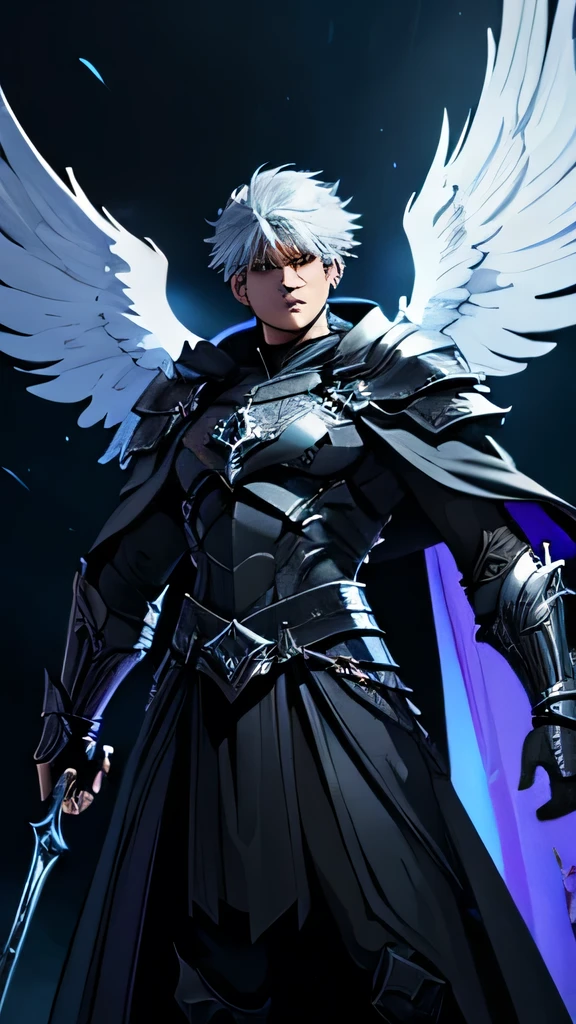 a male angelic warrior, demonic warrior angel, dark angel, dramatic pose, powerful, cinematic lighting, dramatic shadows, glowing energy aura, intricate armor, flowing cape, dramatic background, epic fantasy, dark fantasy, muted color palette, digital art, concept art, octane render, 8k, best quality, highly detailed, photorealistic, white background