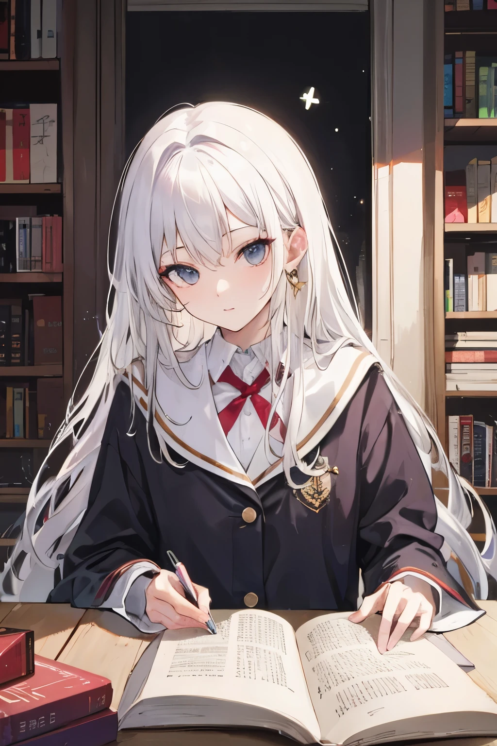 Anime girl sitting at a table with a book and pen - SeaArt AI