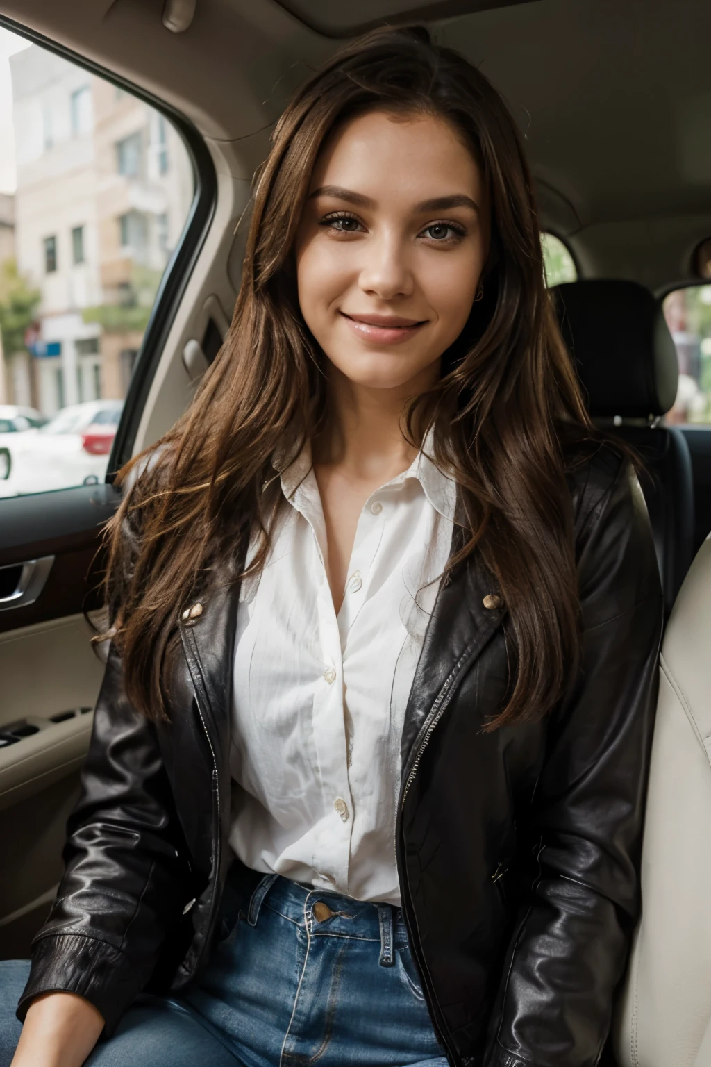 masterpiece. photo of a Woman in her 38s, in a car, long brown hair, brown eyes, natural smile, body facing forward, detailed face with makeup in gothic style, bright light, energetic mood, portrait, Wear an elegant white blouse covered by a jeans jacket. (A hiper-realistic), (hight resolution), (natural smile), tall, age:38